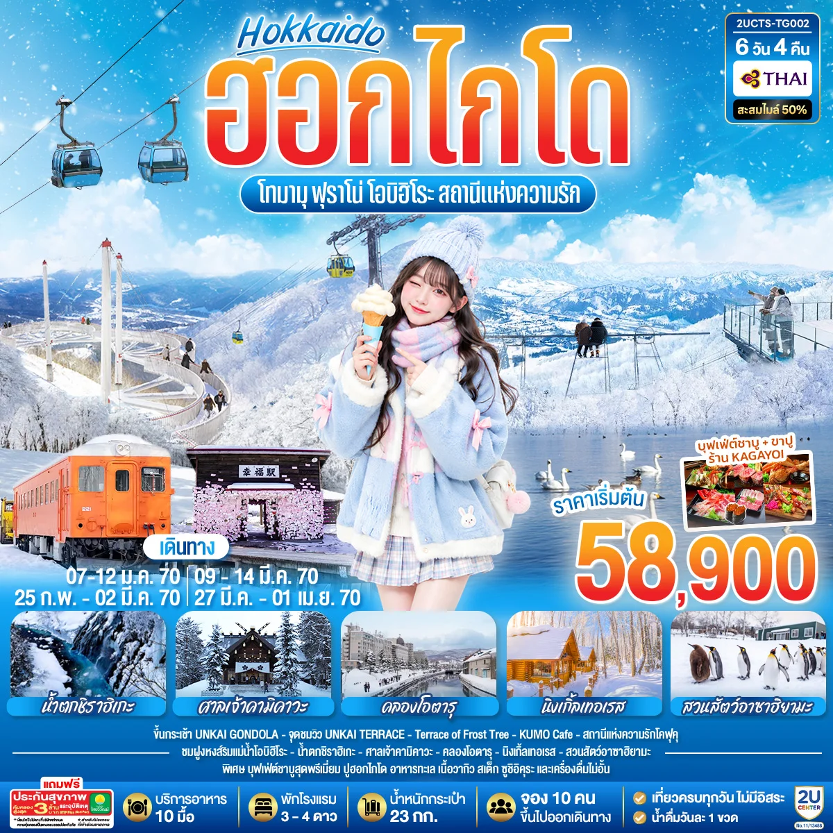 ทัวร์ญี่ปุ่น ฮอกไกโด โทมามุ ฟุราโน่ โอบิฮิโระ สถานีแห่งความรัก 6วัน 4คืน (TG)
